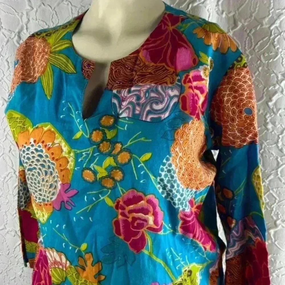 KikiSol Floral Split Neck 3/4 Sleeve‎ Tunic Top Size S